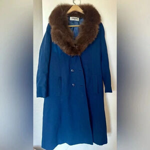 Vintage Blue Wool Coat With Fur Collar